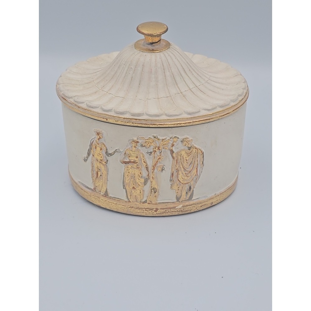 Vintage Borghese Oval Gilt Box Fluted Lid Greek Figures Beige Chalkware Blue